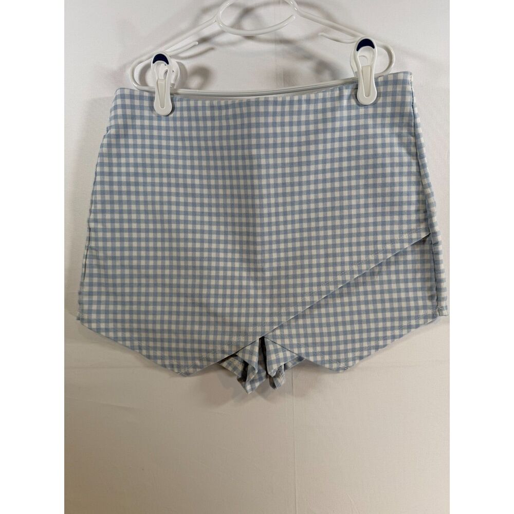 Garage Light Blue Gingham Skort Medium Asymmetric Wrap Front Plaid Shorts Mini
